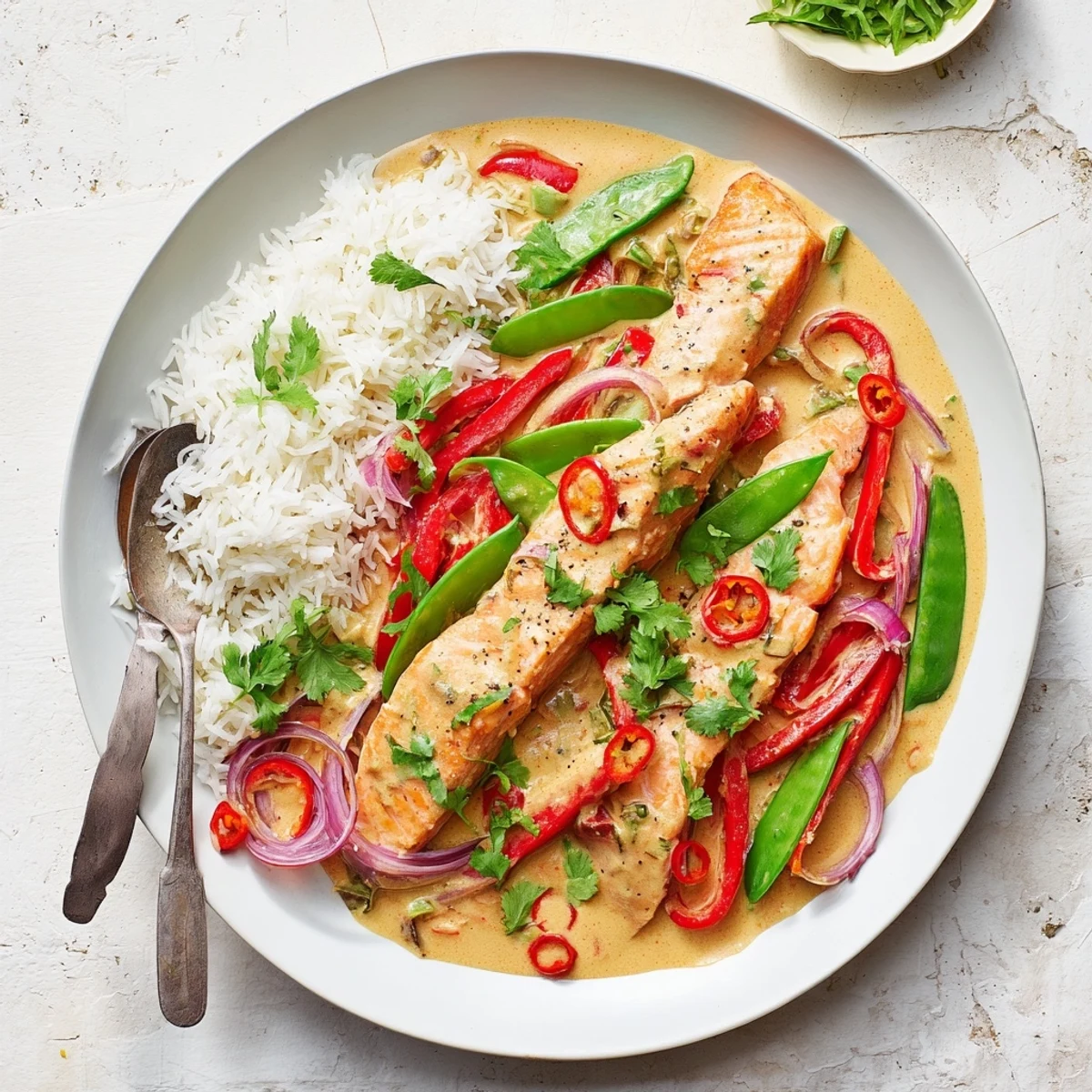 Golden salmon fillets simmered in creamy red curry coconut sauce with bell peppers and snap peas