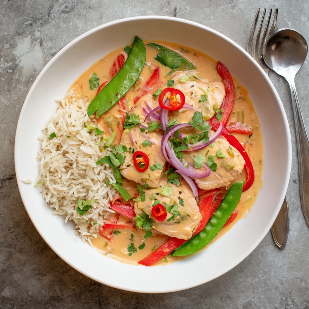 Flaky Thai red curry coconut salmon plated over jasmine rice with fresh cilantro garnish and vegetables