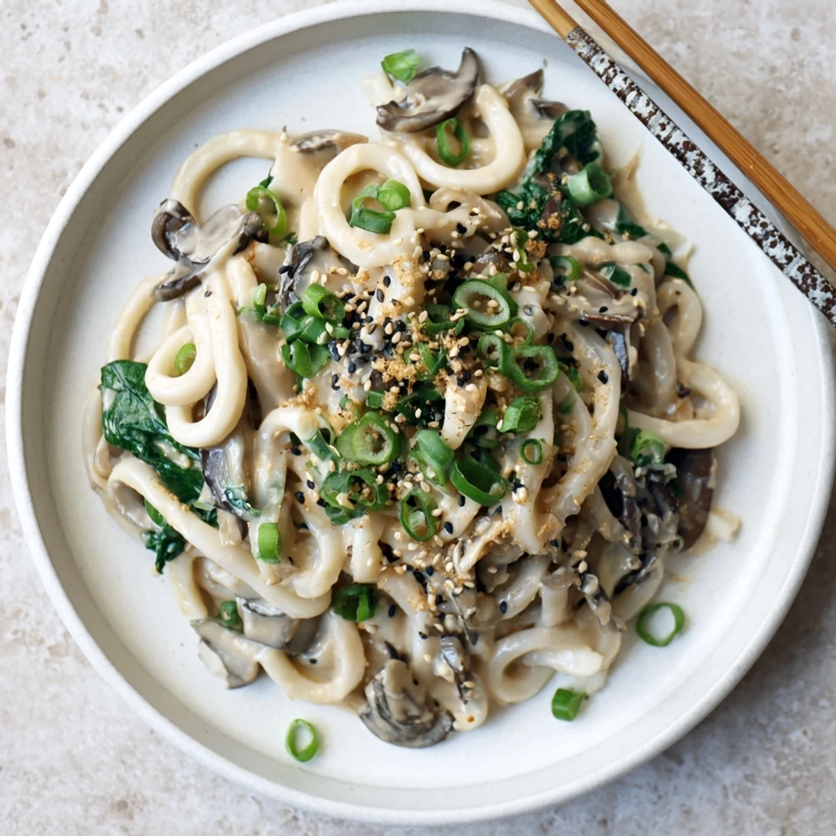 Bowl of creamy miso udon topped with green onions sesame seeds and wilted spinach