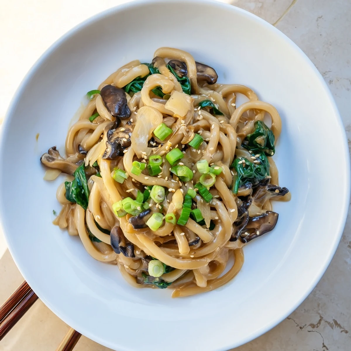 Thick udon noodles coated in rich savory miso cream sauce with fresh vegetables
