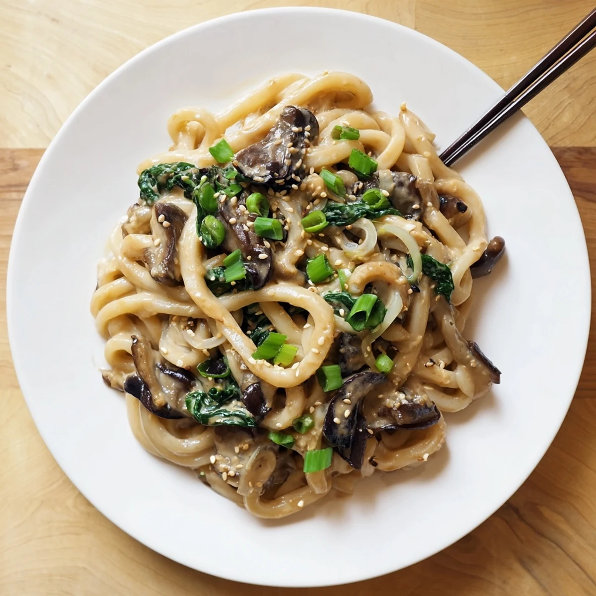 Japanese-style noodles swimming in golden miso cream sauce with shiitake mushrooms and ginger