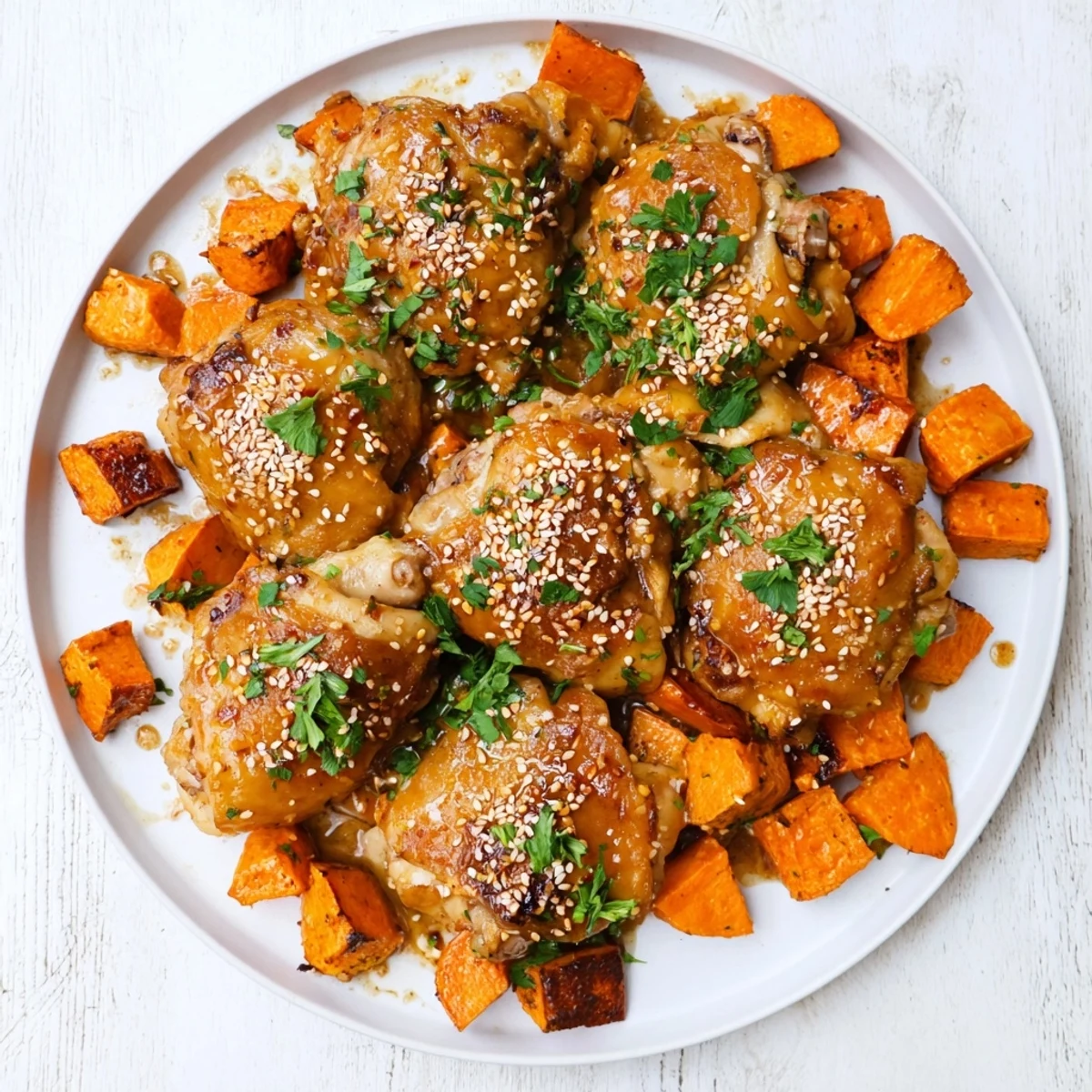 Glossy honey garlic chicken arranged with seasoned sweet potato chunks ready for roasting on a single pan