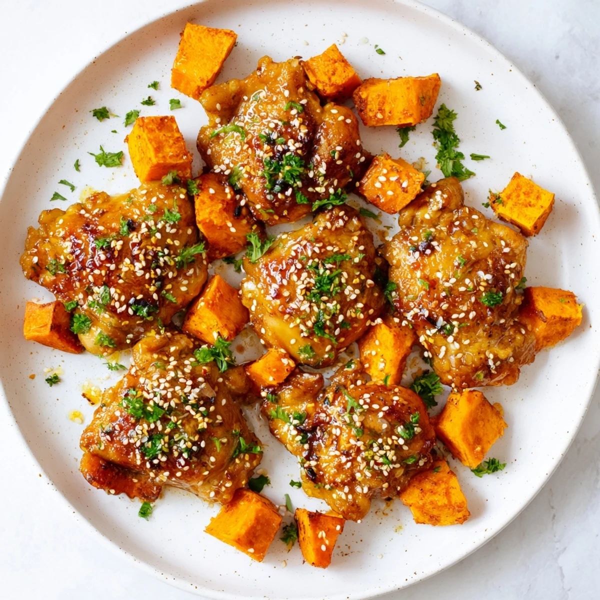 Tender honey garlic chicken with shiny coating served alongside perfectly roasted sweet potatoes garnished with fresh parsley