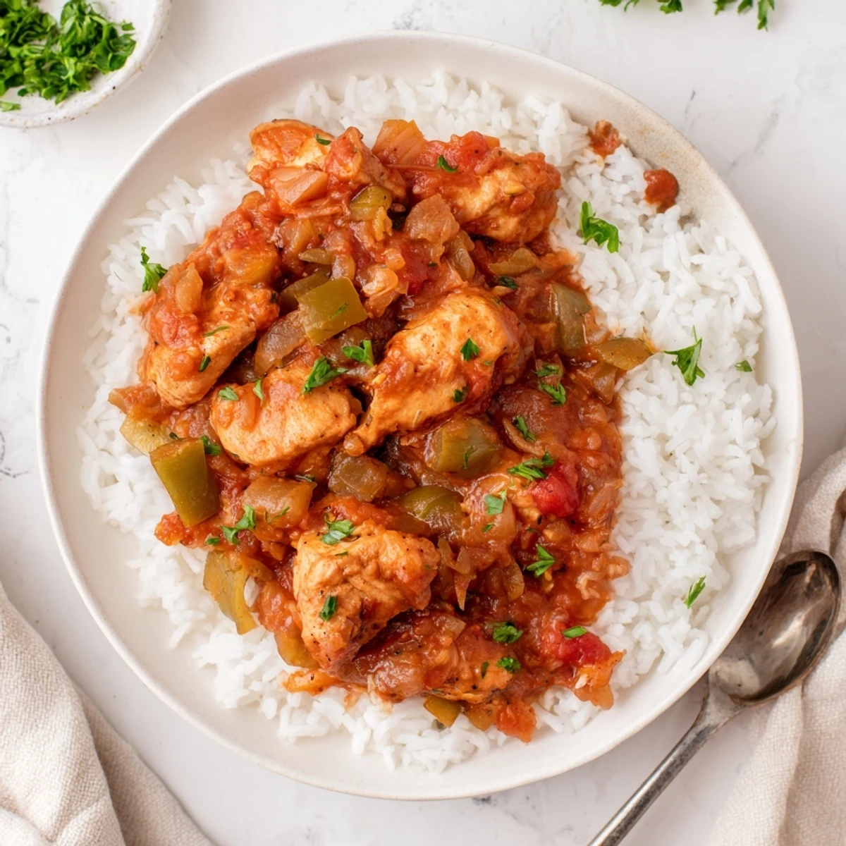 Golden brown chicken thighs simmered in rich tomato sauce with the Holy Trinity vegetables