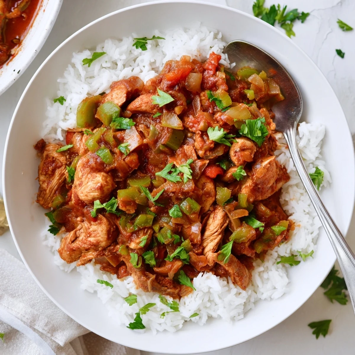 Tender chicken pieces swimming in savory red gravy with bell peppers and celery alongside rice