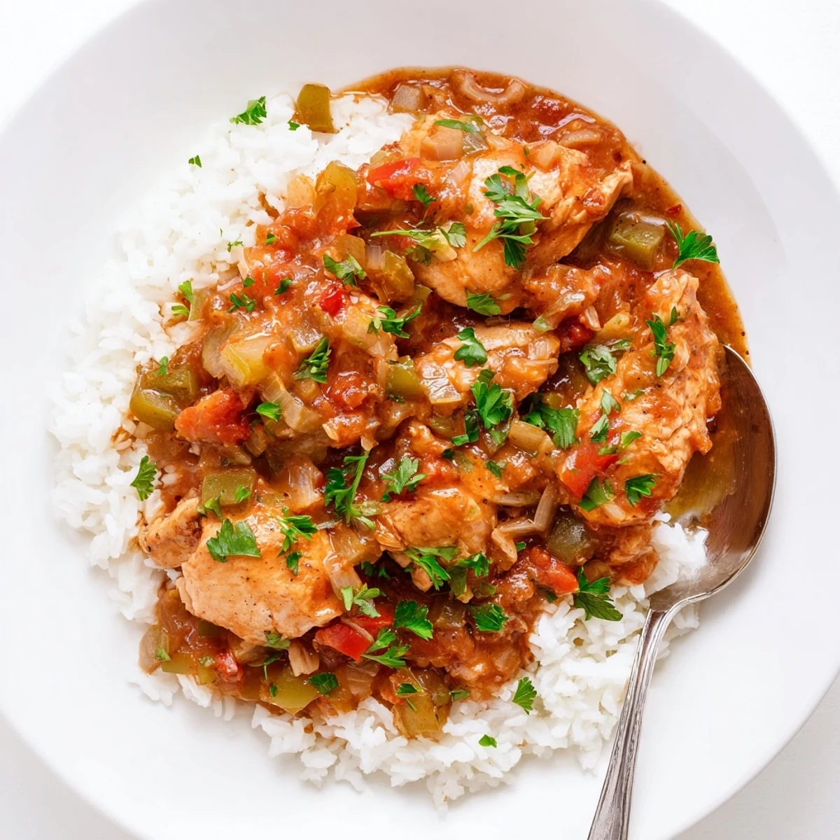 Steamy bowl of Louisiana Creole chicken stew served over fluffy white rice with fresh parsley
