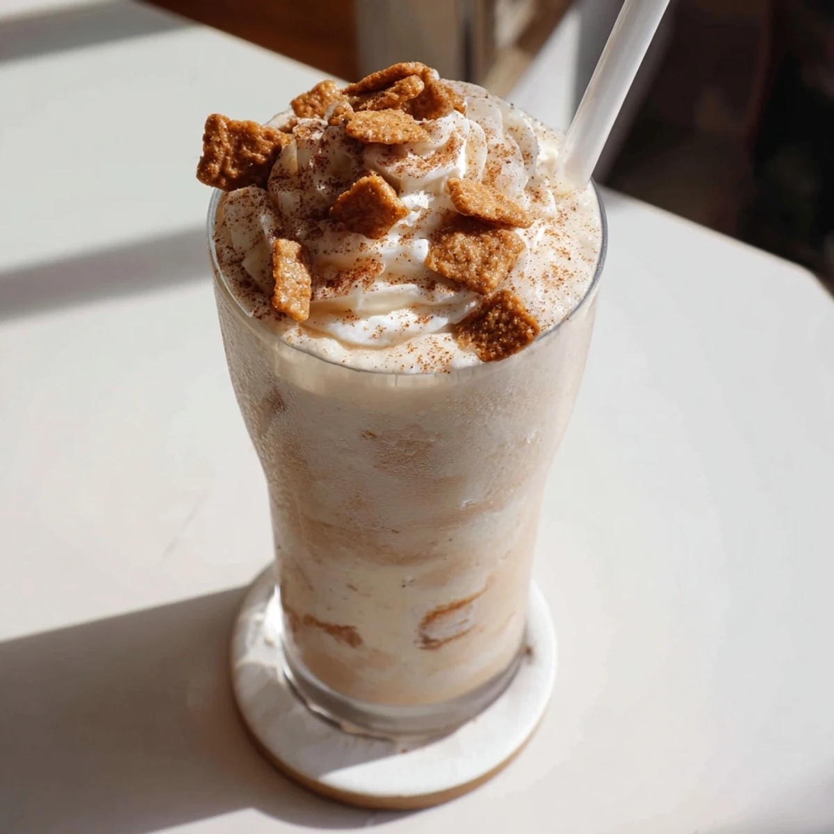 Tall glass of Cinnamon Toast Crunch frappe topped with whipped cream and cereal sprinkles