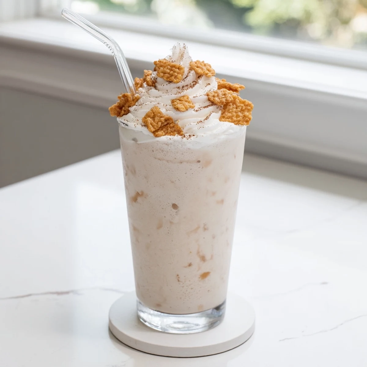 Creamy blended coffee drink with Cinnamon Toast Crunch cereal served in clear glass with straw