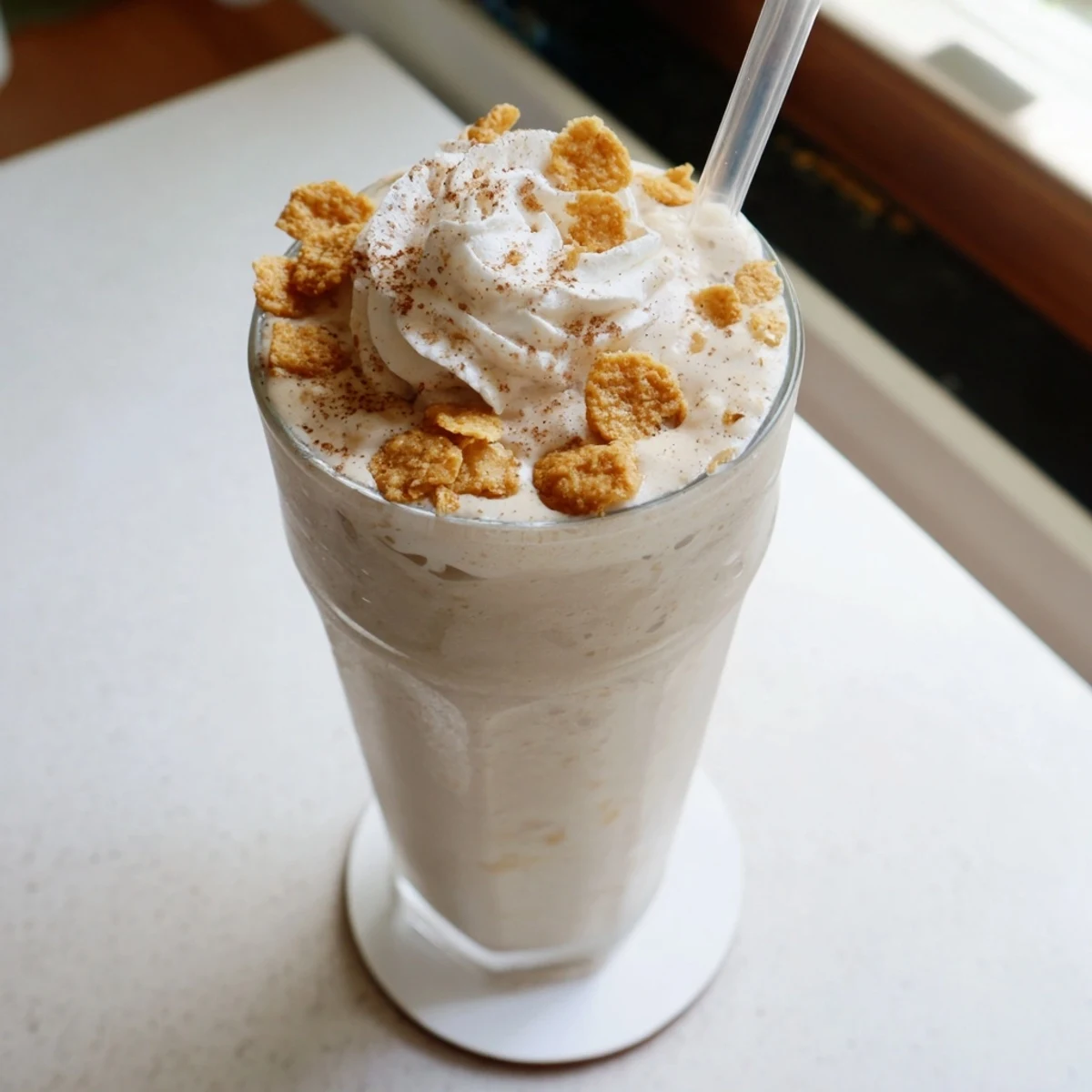 Frosty cinnamon frappe with floating cereal pieces crowned with whipped cream and cinnamon dust
