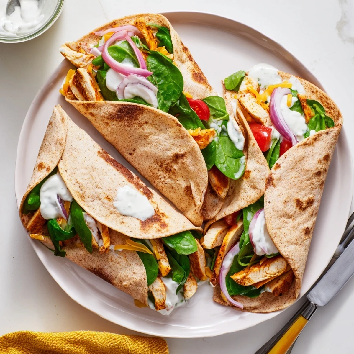 Golden low carb cheesy garlic chicken wraps sliced open revealing melted cheese, spinach, and grilled chicken