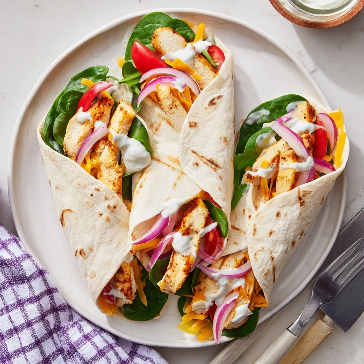 Warm tortilla wraps filled with seasoned chicken breast, melted cheddar, mozzarella, and crisp fresh vegetables