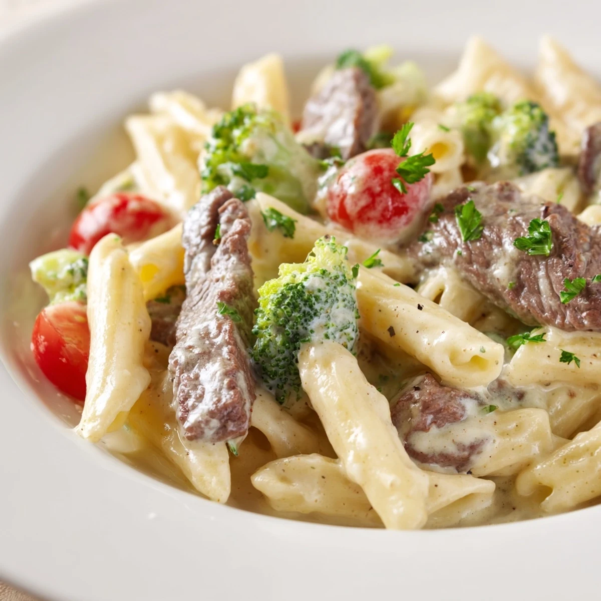 Steak penne pasta with broccoli and cherry tomatoes in a creamy garlic sauce