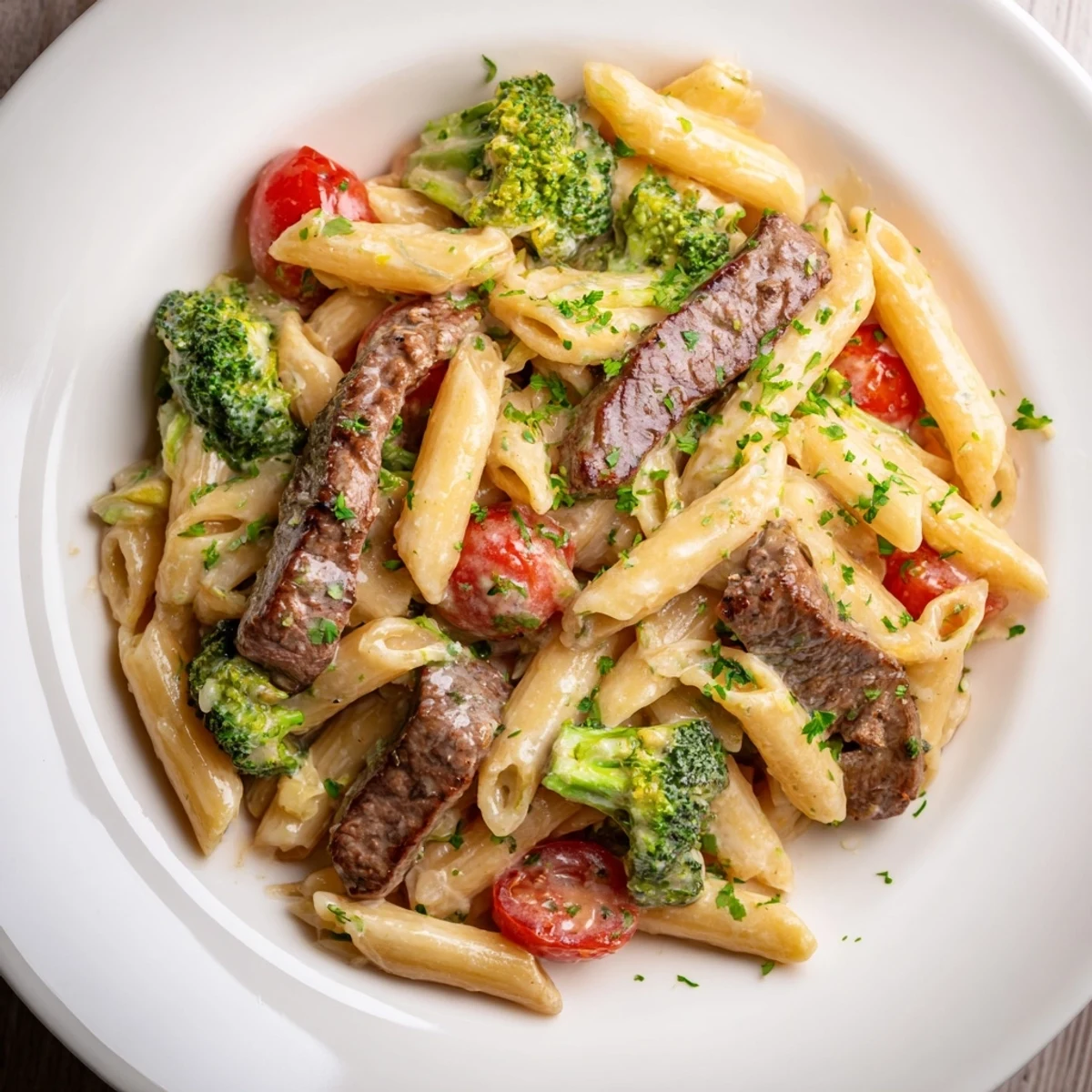 Savory creamy garlic steak penne tossed with fresh broccoli and juicy cherry tomatoes