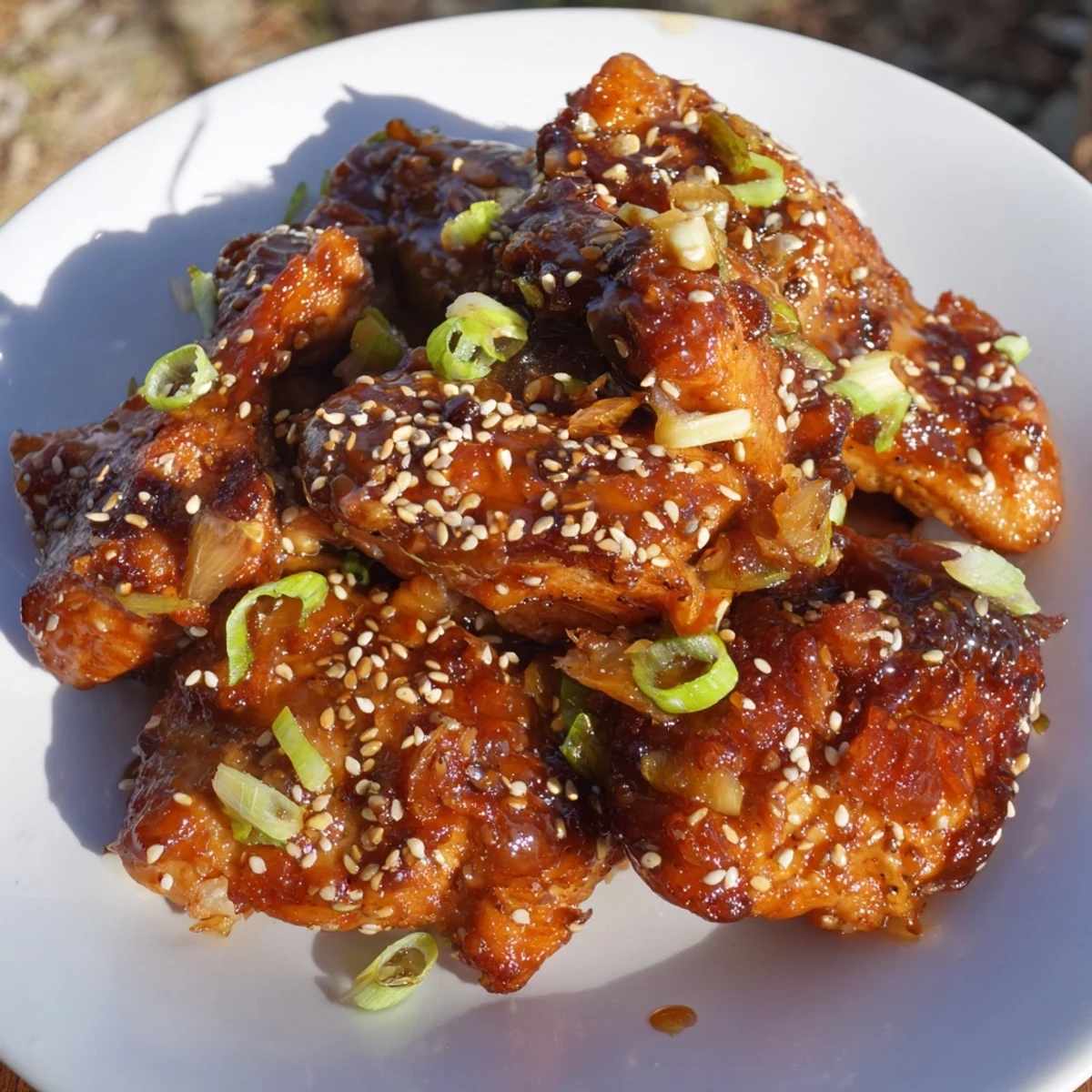 Golden brown Crockpot Teriyaki Chicken pieces coated in thick glossy dark sauce
