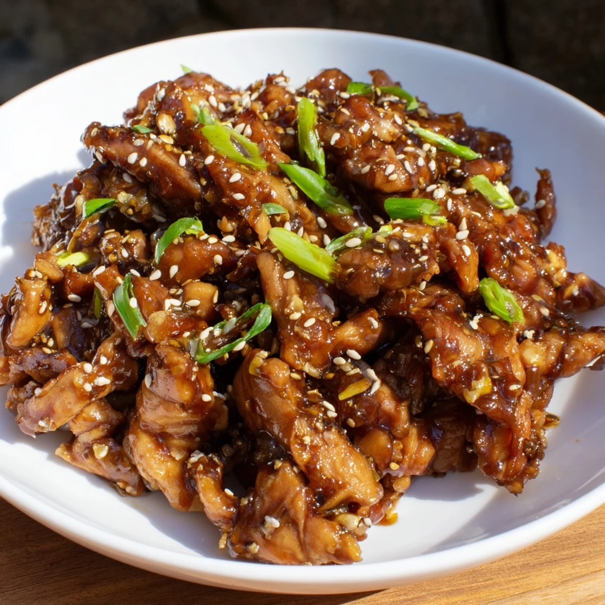 Shredded slow-cooked chicken in sweet savory teriyaki glaze served over fluffy white rice
