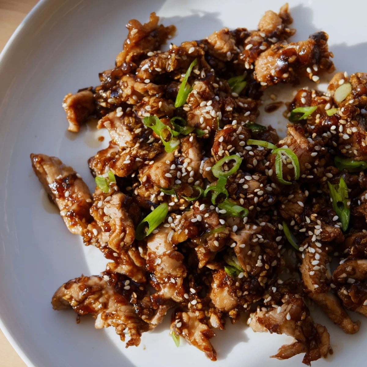 Tender glazed Crockpot Teriyaki Chicken garnished with fresh green onions and sesame seeds