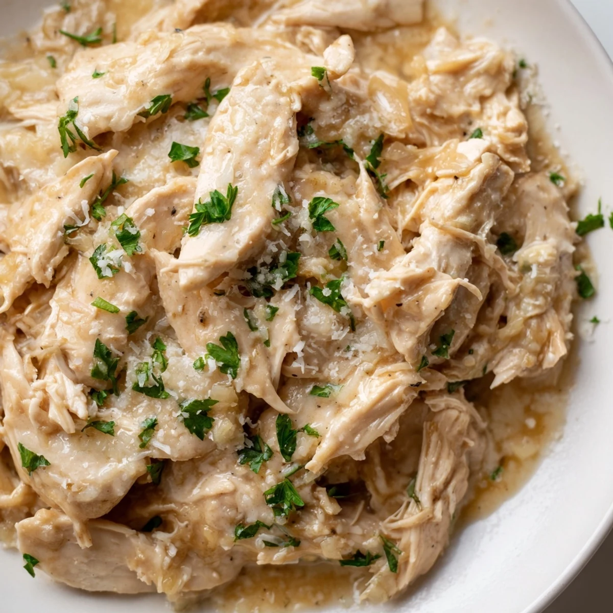 Tender slow-cooked Crockpot creamy garlic Parmesan chicken served over fluffy mashed potatoes with white sauce