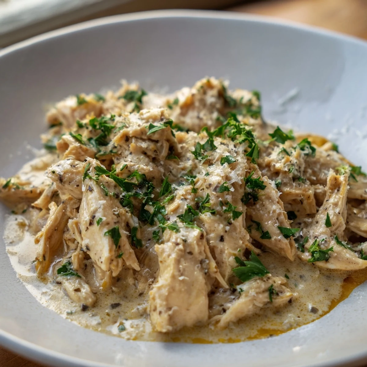 Succulent chicken pieces in a velvety white cheese sauce garnished with green parsley flakes
