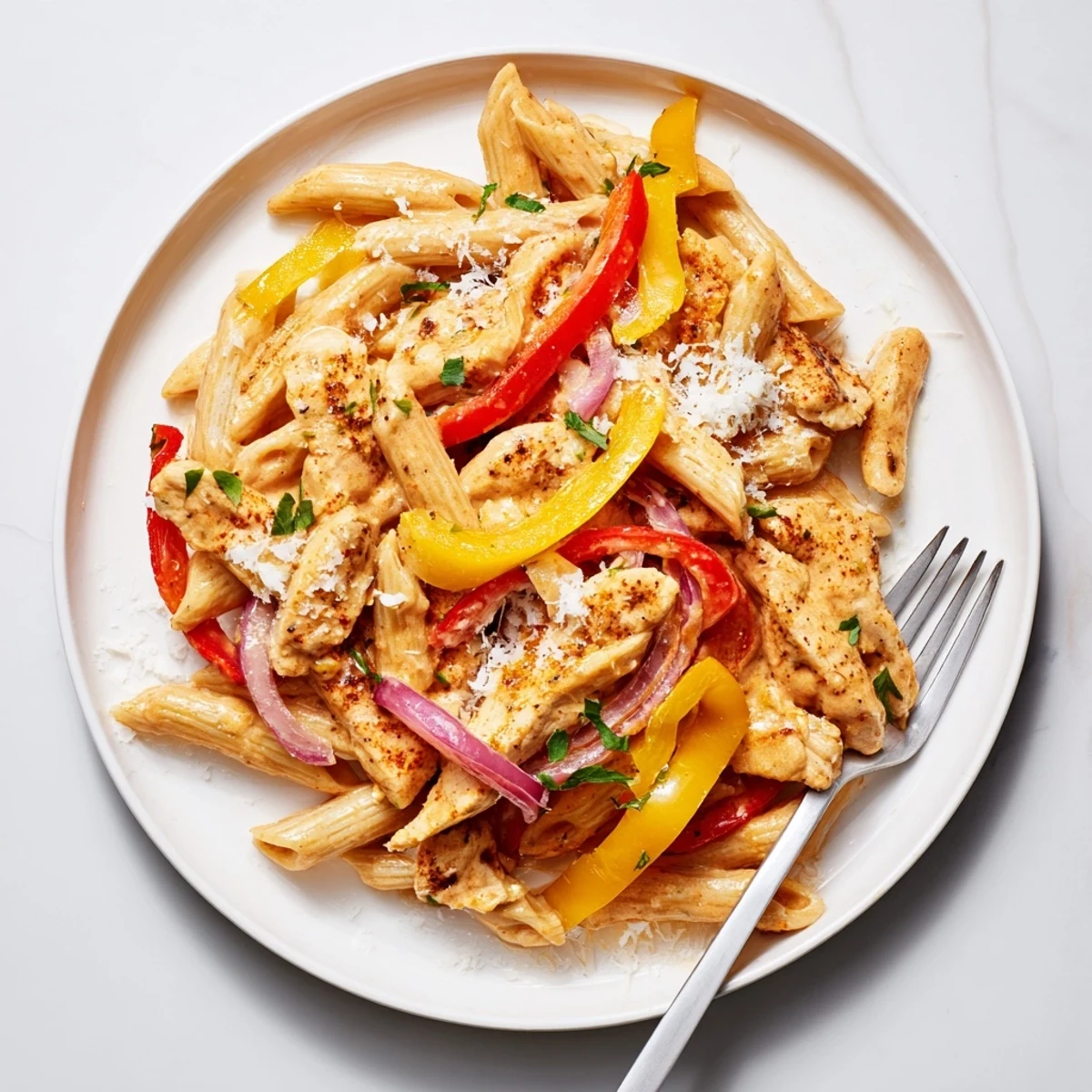 Creamy Cajun chicken pasta coated in spicy red sauce with sliced colorful bell peppers