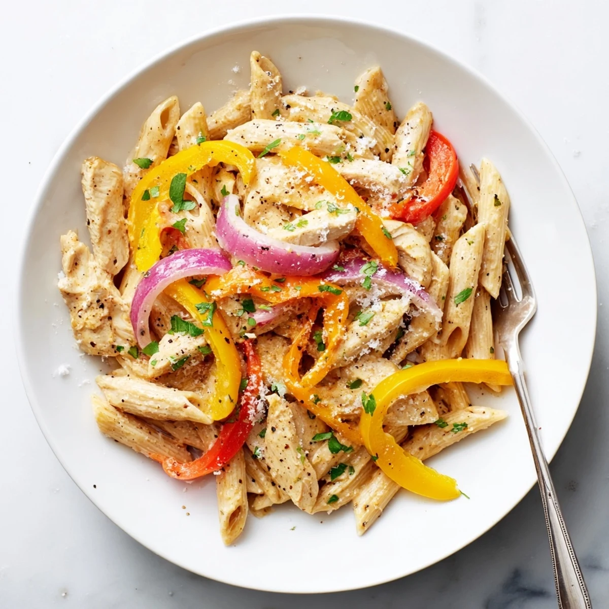 Golden brown chicken breast pieces nestled among pasta and vegetables in thick Cajun cream sauce