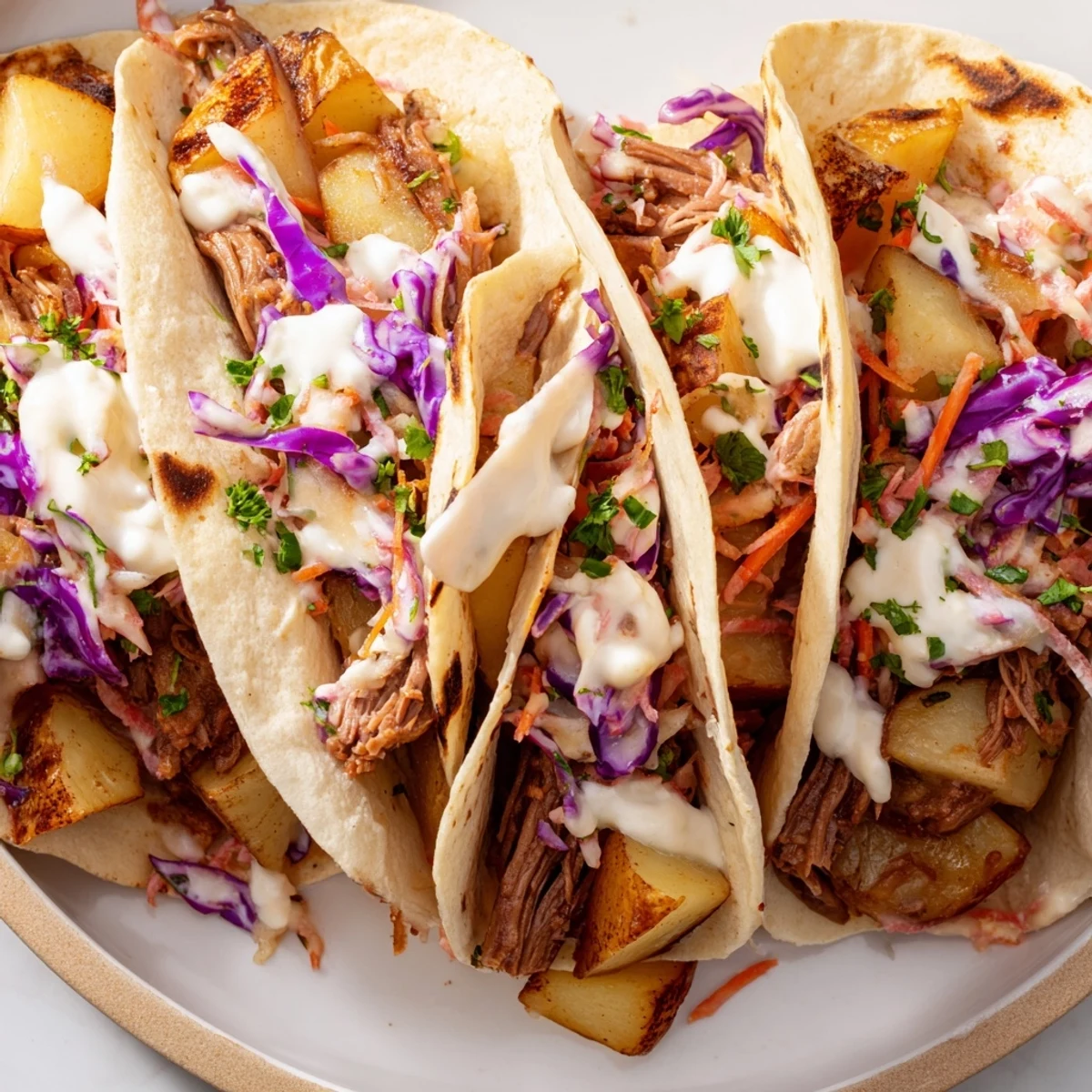 Warm flour tortillas stuffed with tender corned beef, crispy potatoes, and fresh crunchy cabbage slaw.