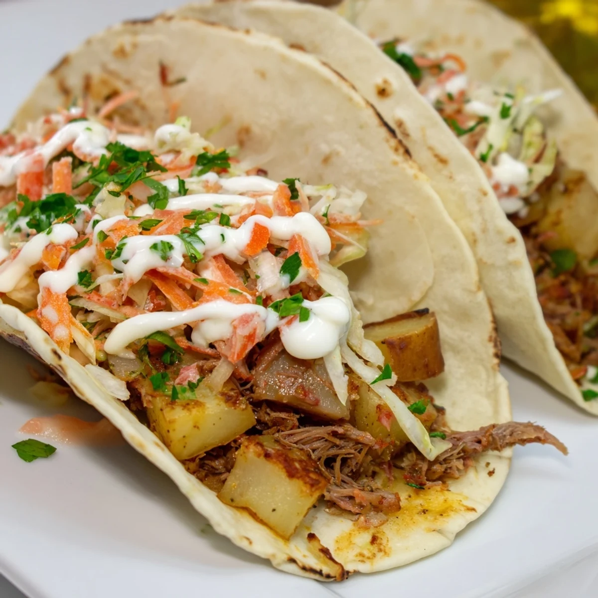 Golden potato and corned beef tacos topped with zesty slaw and sour cream on soft tortillas.
