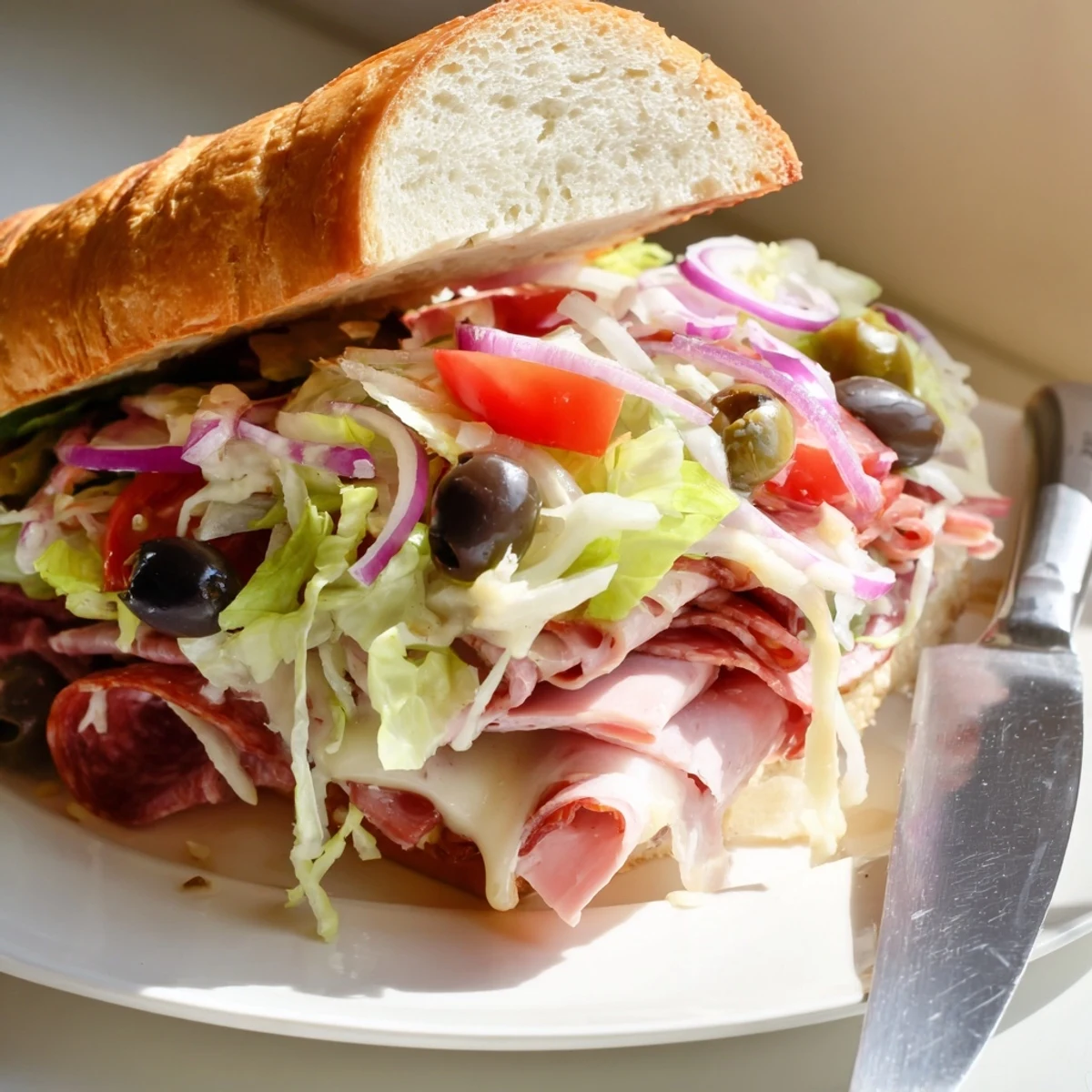 Crispy hoagie roll piled high with Italian grinder salad sandwich featuring melted provolone cheese