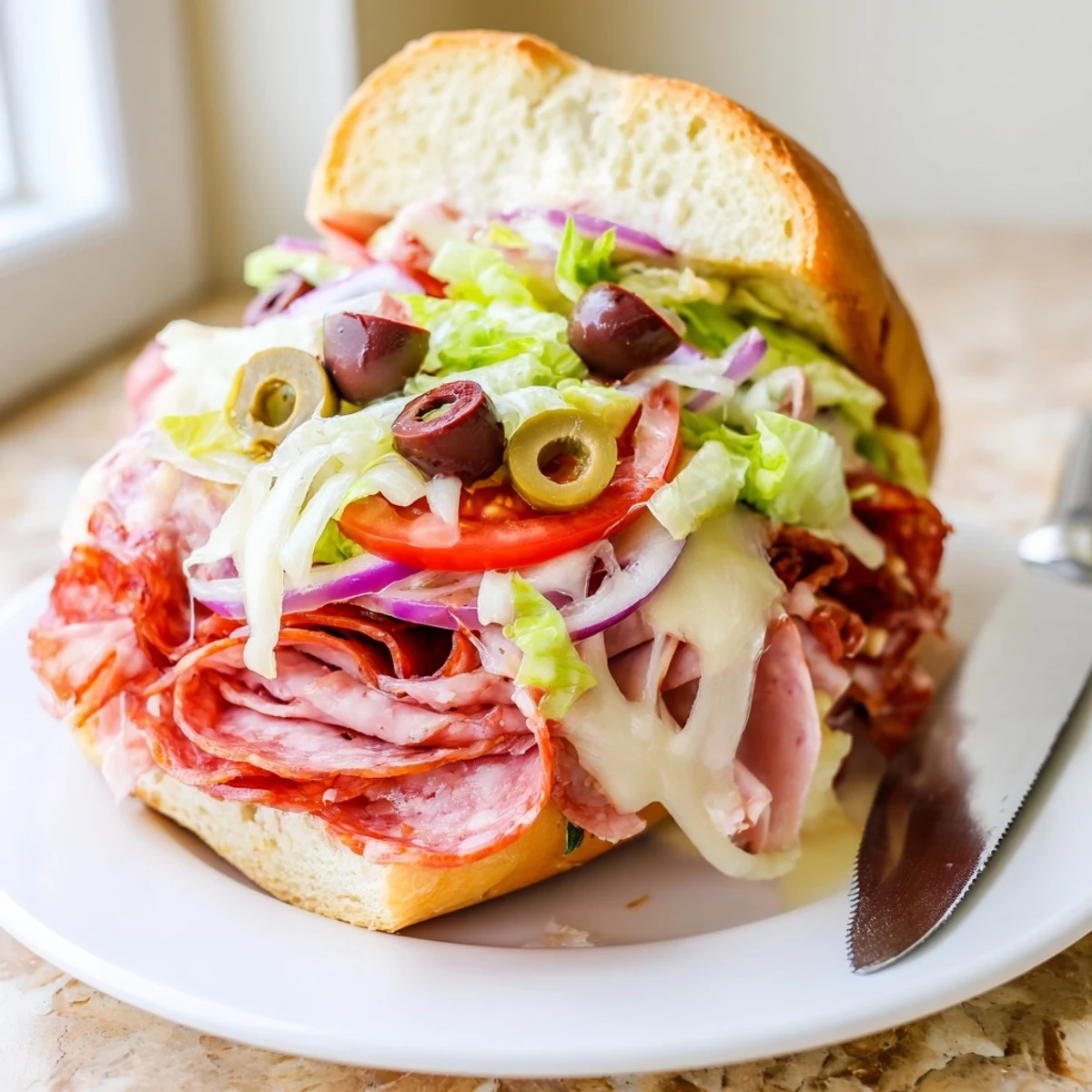 Cross-section of Italian grinder salad sandwich revealing layers of ham, salami, and zesty dressed vegetables