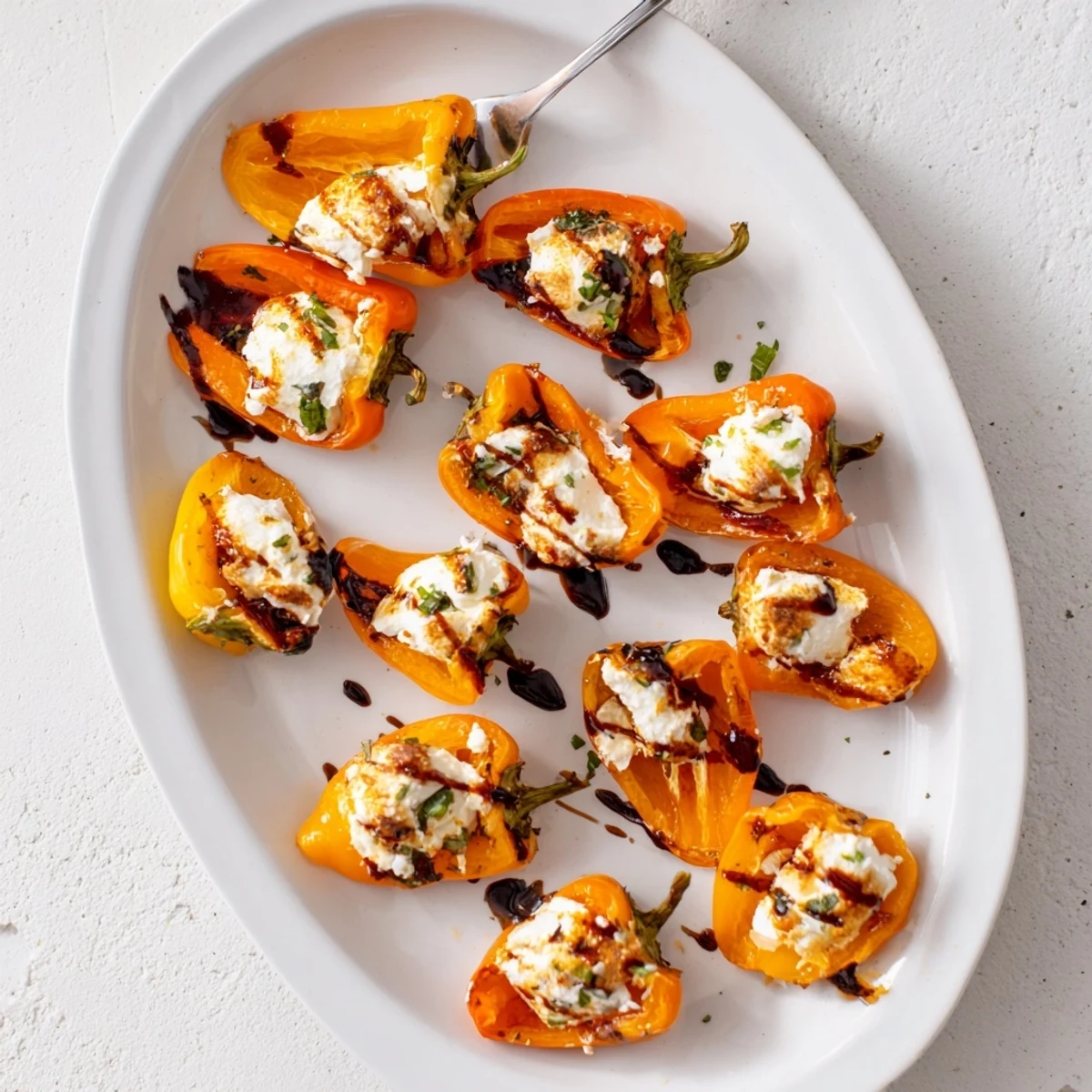 Colorful sweet pepper halves stuffed with savory goat cheese mixture and drizzled with balsamic glaze