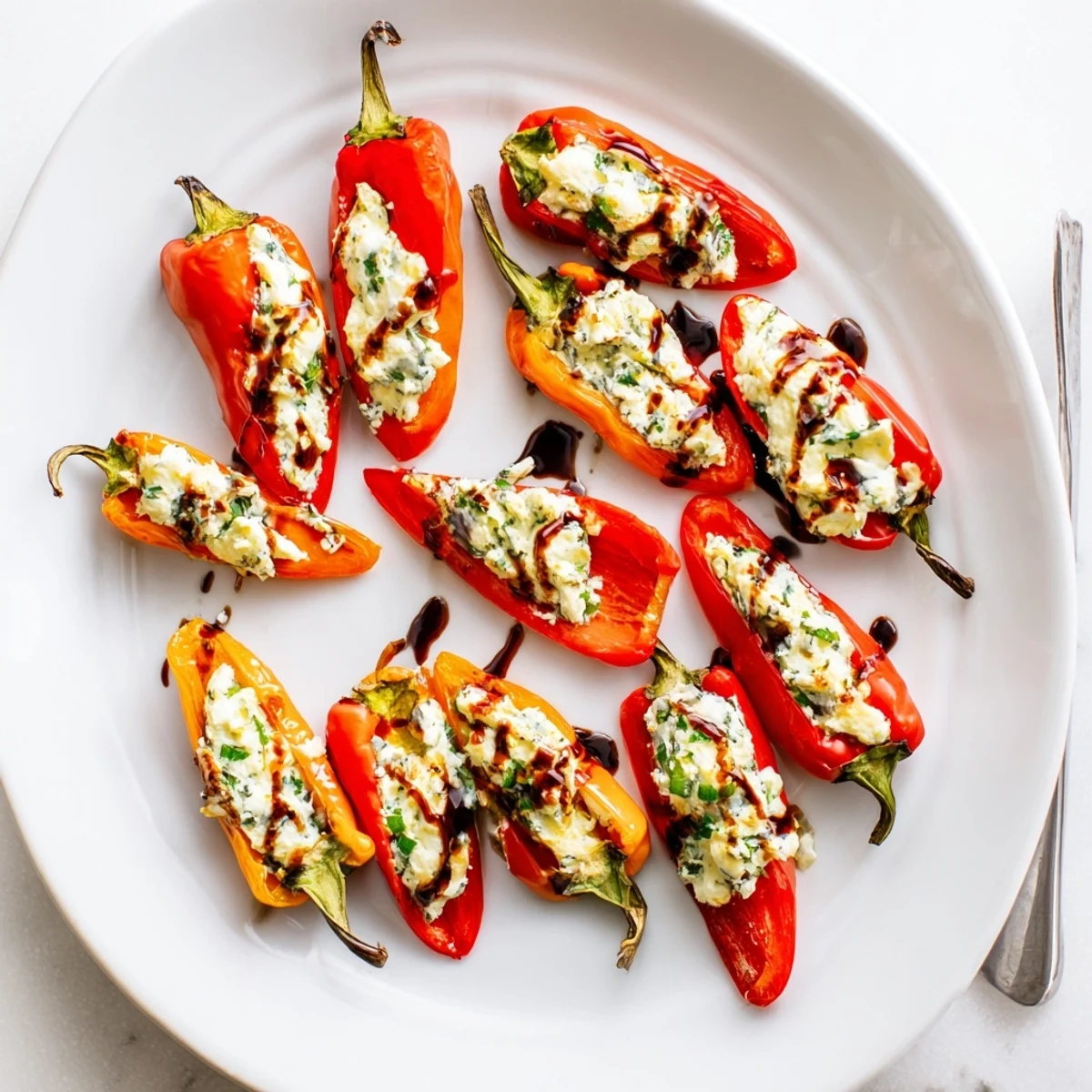 Golden roasted mini peppers filled with creamy herbed goat cheese on a white serving platter