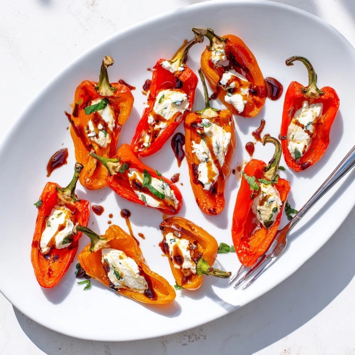 Mediterranean appetizer of blistered mini peppers overflowing with lemon garlic goat cheese filling, garnished with fresh herbs