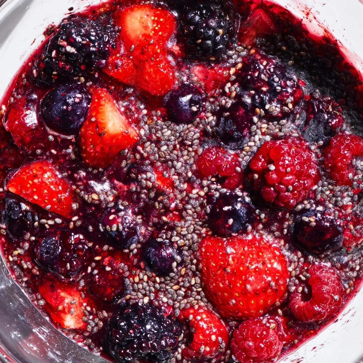Easy berry chia seed jam in a glass jar with chunky mixed berries and visible chia seeds