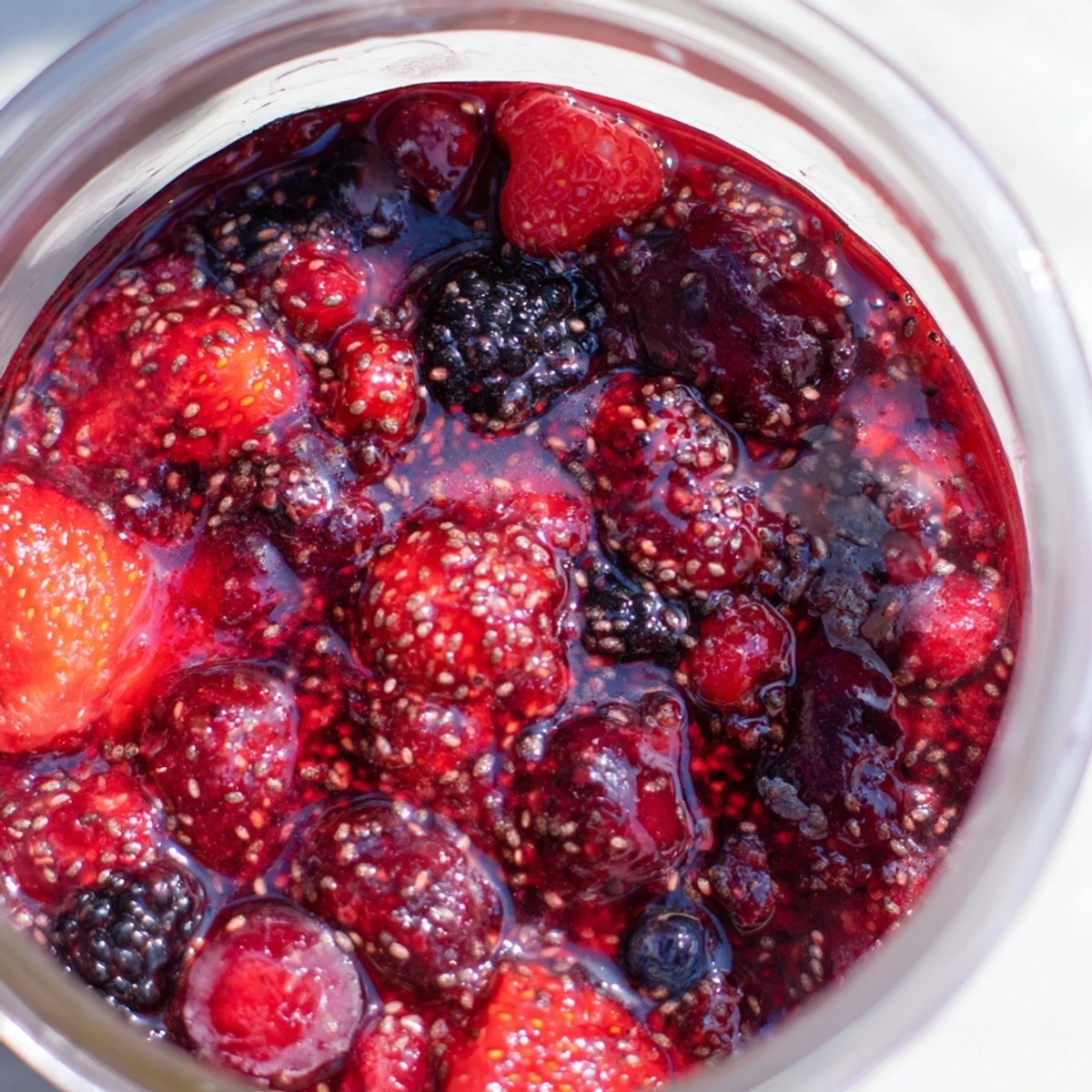 Vibrant homemade berry chia seed jam spread thickly on whole grain toast with fresh berry topping