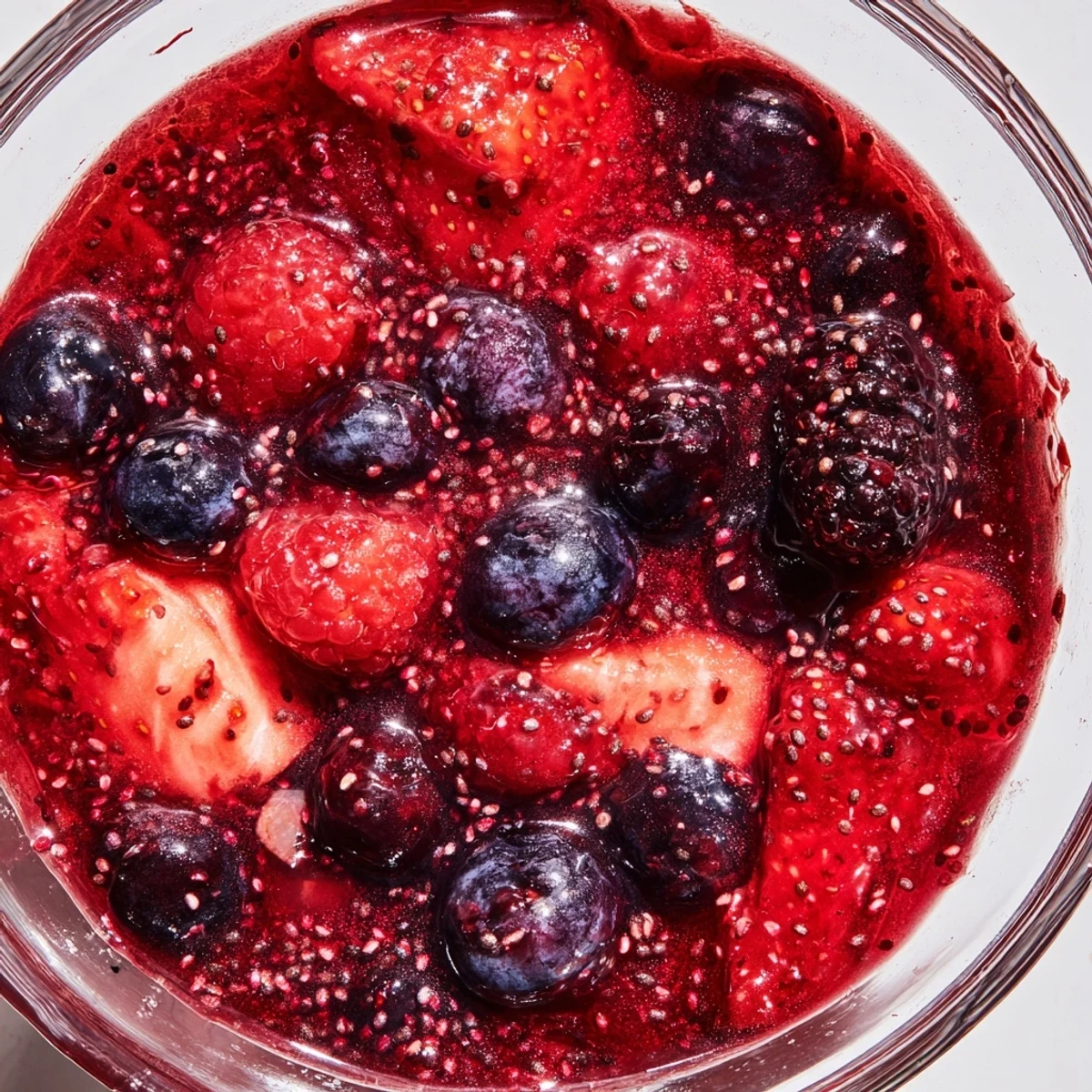 Spoonful of naturally sweetened easy berry chia seed jam with fresh strawberries and blueberries alongside