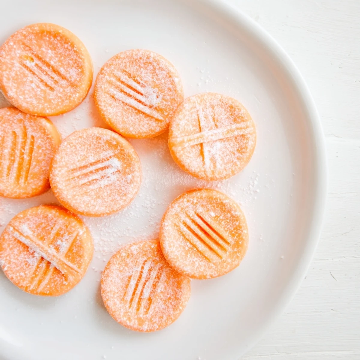 Orange cream cheese mints arranged on a white plate with vibrant orange color and powdered sugar dusting