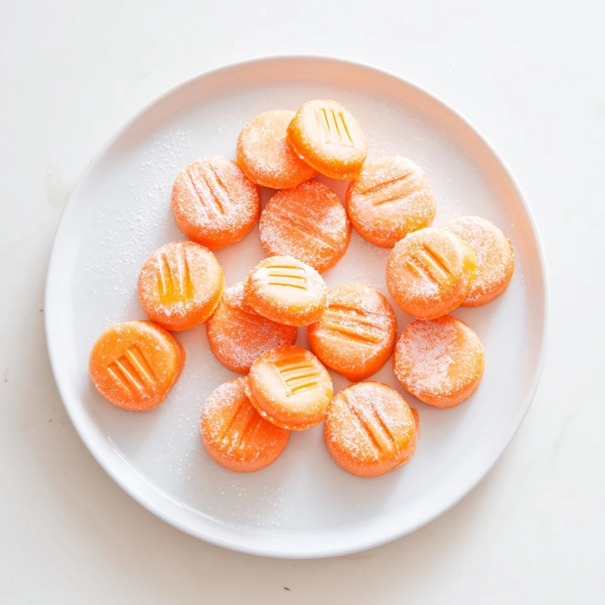 Homemade orange cream cheese mints displayed on a decorative serving tray for elegant party entertaining
