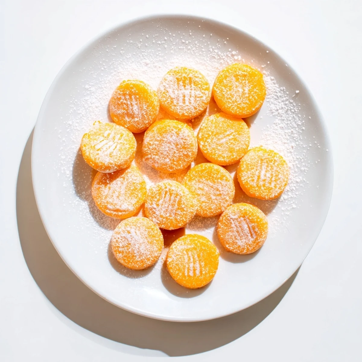 Creamy orange cream cheese mints with fork impressions showing their smooth texture and bright citrus flavor