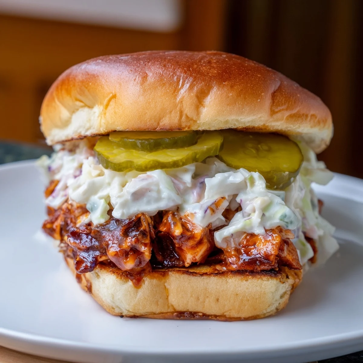 Golden chopped Alabama BBQ chicken sandwich piled on toasted bun with crisp slaw and tangy white sauce drizzle