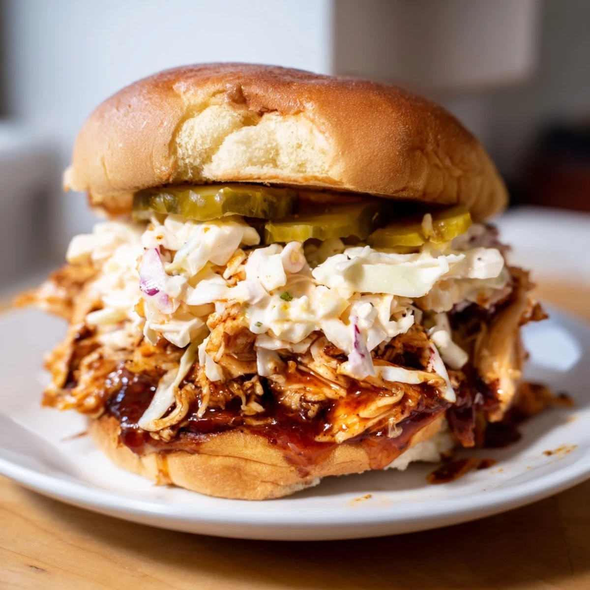 Alabama BBQ chicken chopped sandwich features juicy smoked meat topped with creamy white sauce and crunchy cabbage slaw