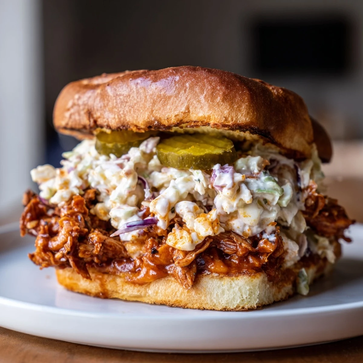 Hearty Alabama BBQ chicken sandwich overflowing with tender chopped meat crisp coleslaw and zesty white BBQ sauce on bun