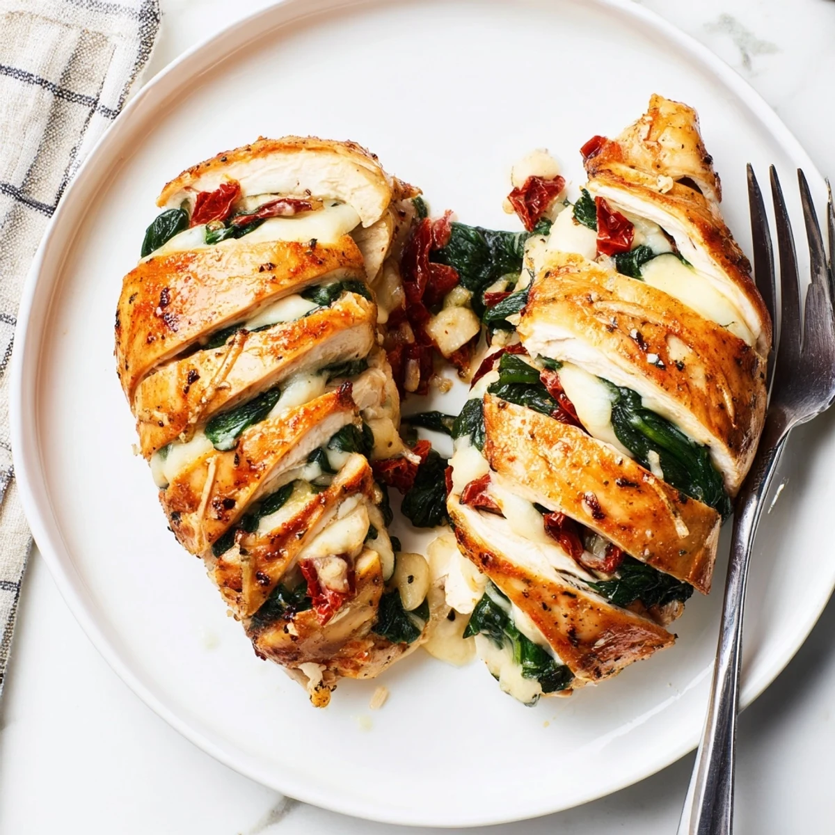 Golden brown Hasselback Chicken stuffed with melted mozzarella, spinach, and sun-dried tomatoes