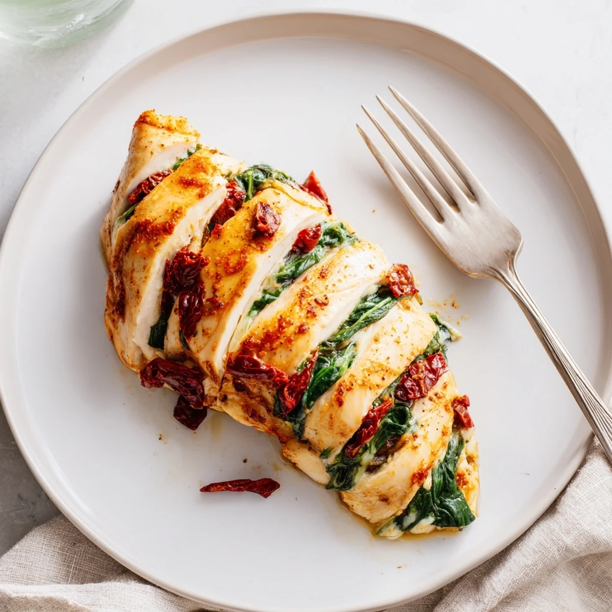 Sliced Hasselback Chicken breasts baking with cheesy spinach tomato filling bubbling between cuts