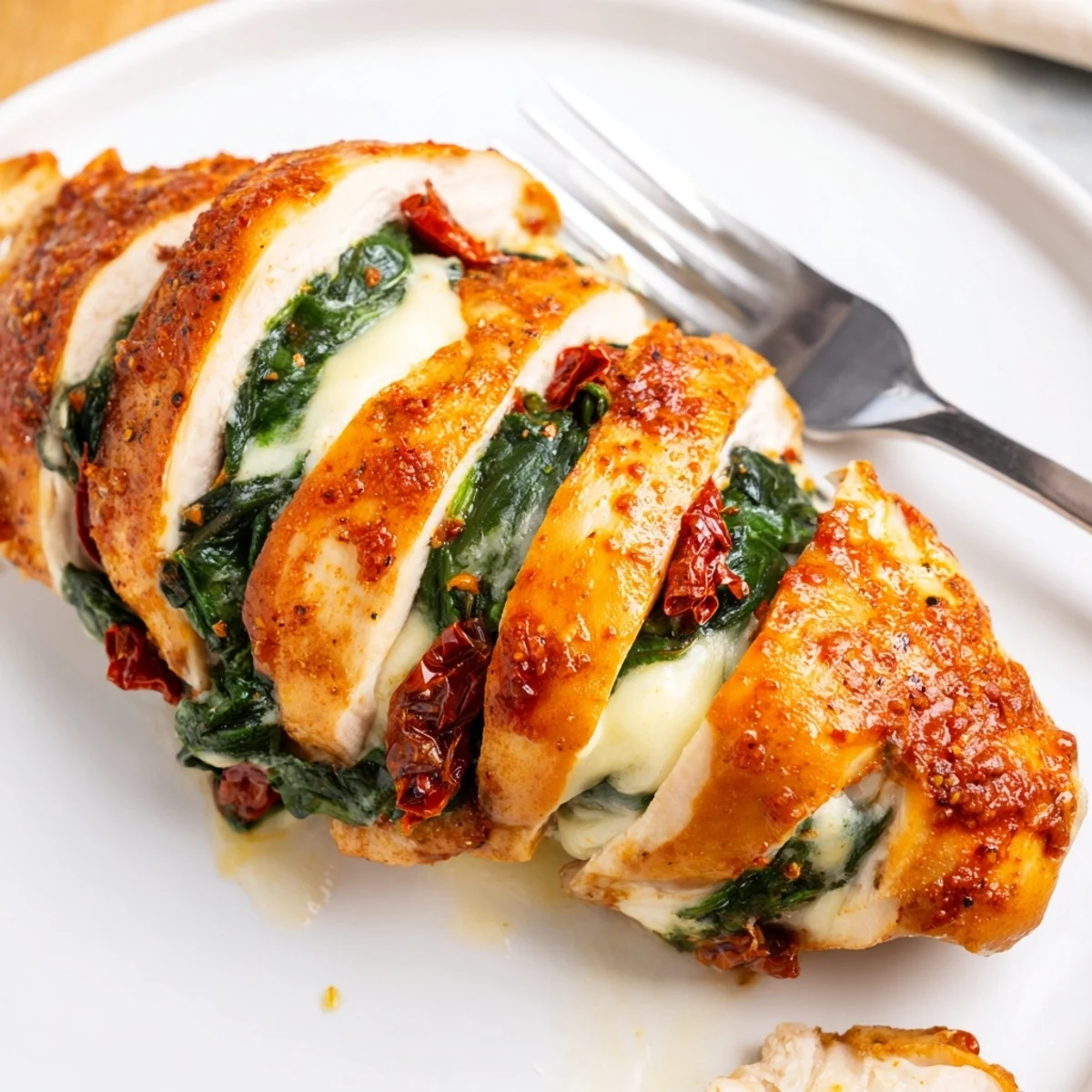 Beautiful Hasselback Chicken with sundried tomato and spinach filling on a white serving plate