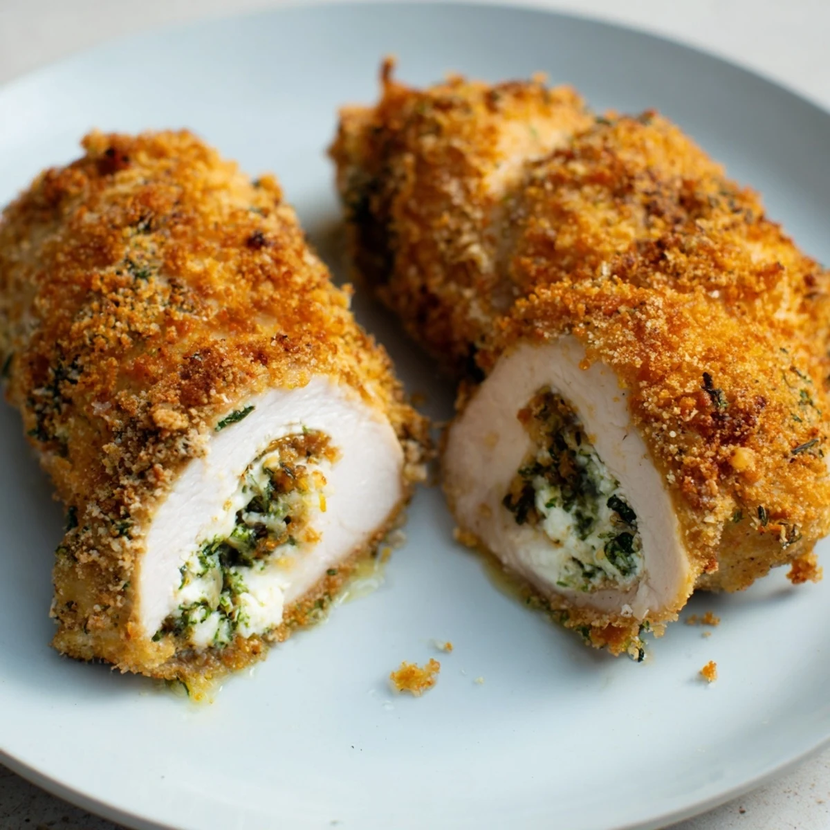 Golden brown herbed ricotta stuffed chicken rolls with crispy breadcrumb topping on a white plate
