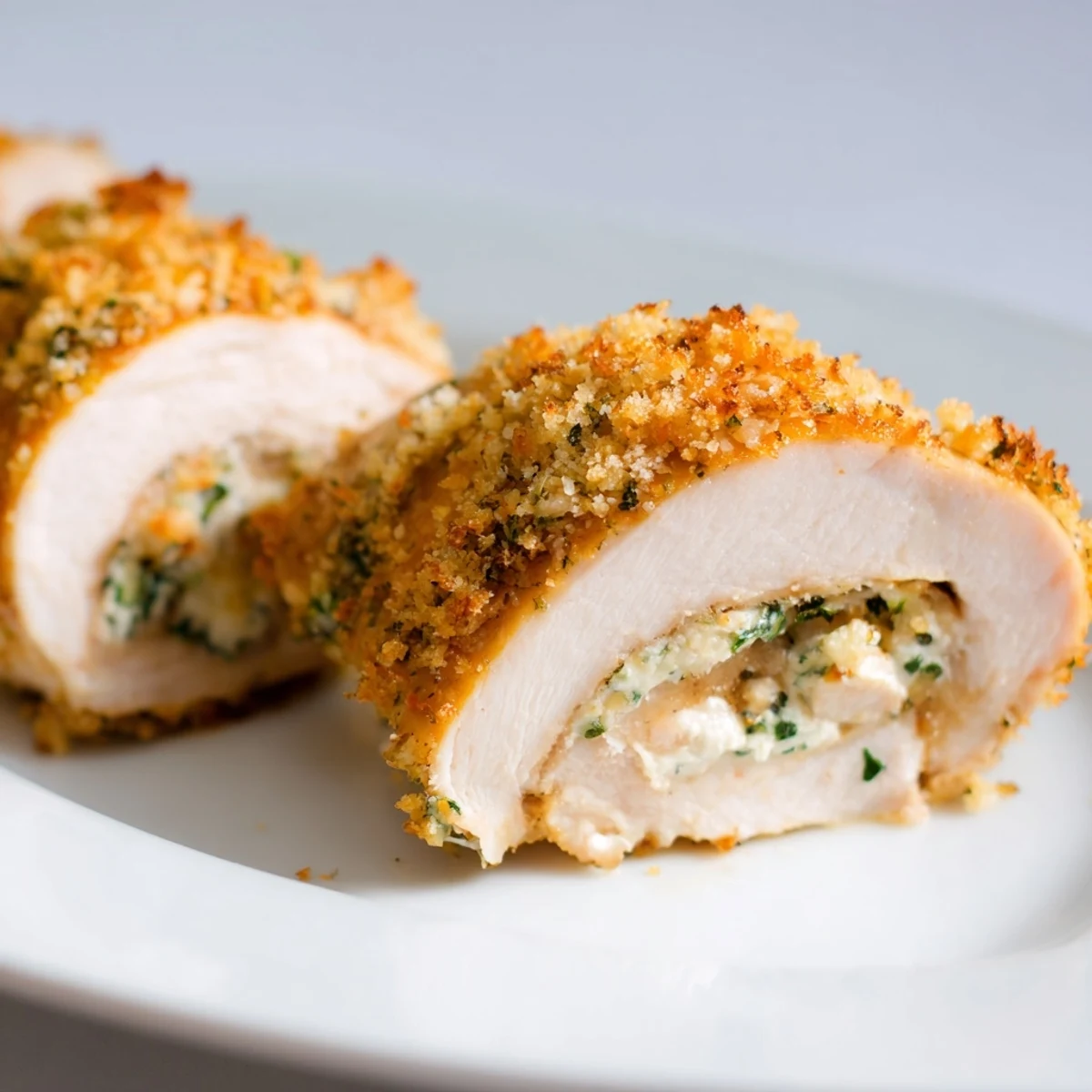 Tender baked chicken breasts rolled with creamy ricotta cheese filling and fresh green herbs