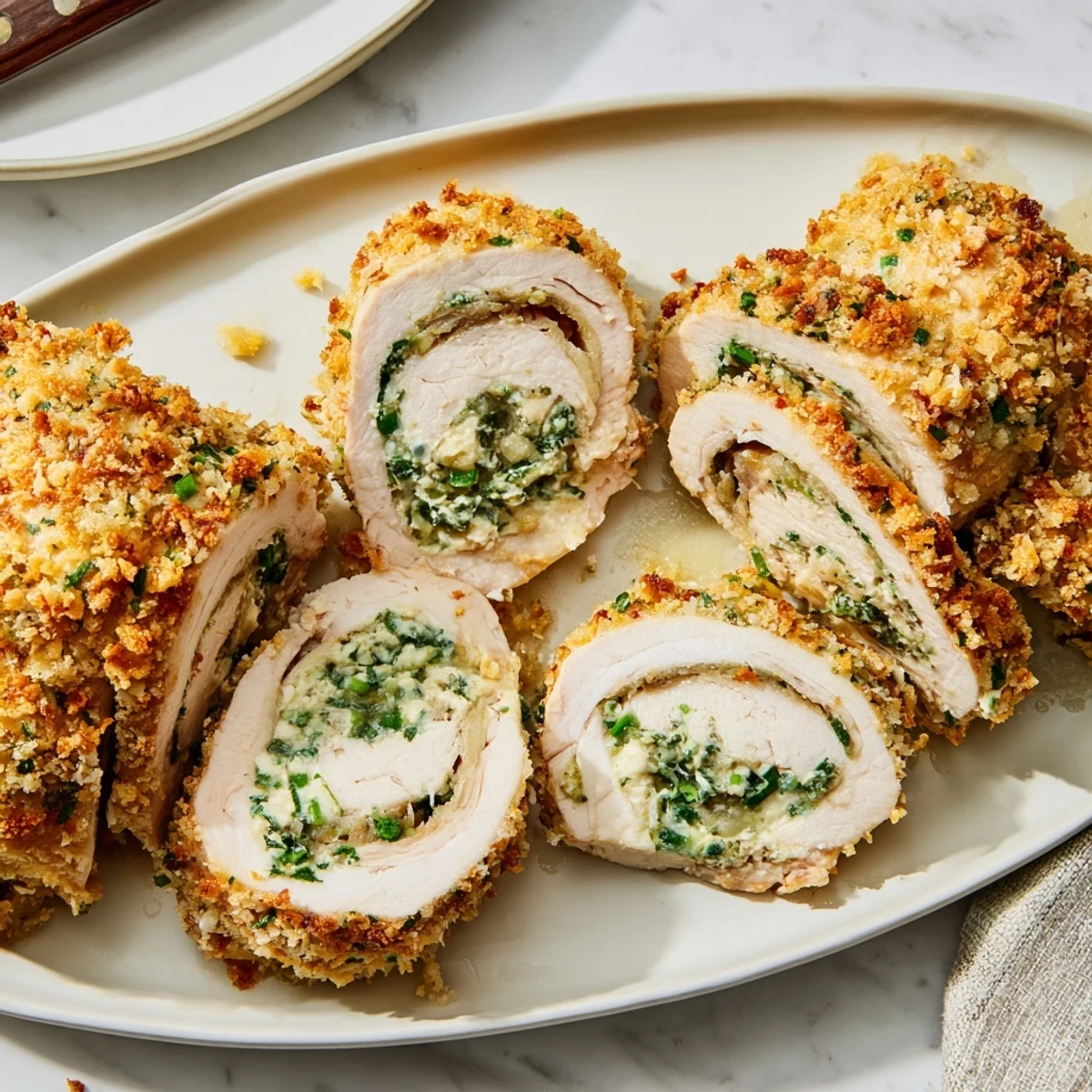 Sliced herbed ricotta stuffed chicken rolls revealing the creamy white Parmesan ricotta center inside