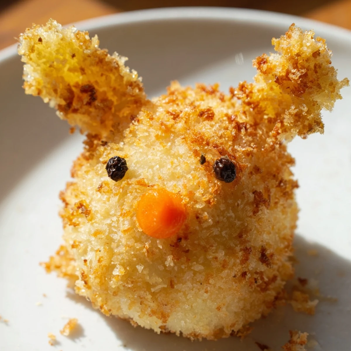 Golden Easter Bunny potato croquettes with almond ears and carrot noses arranged on festive serving platter