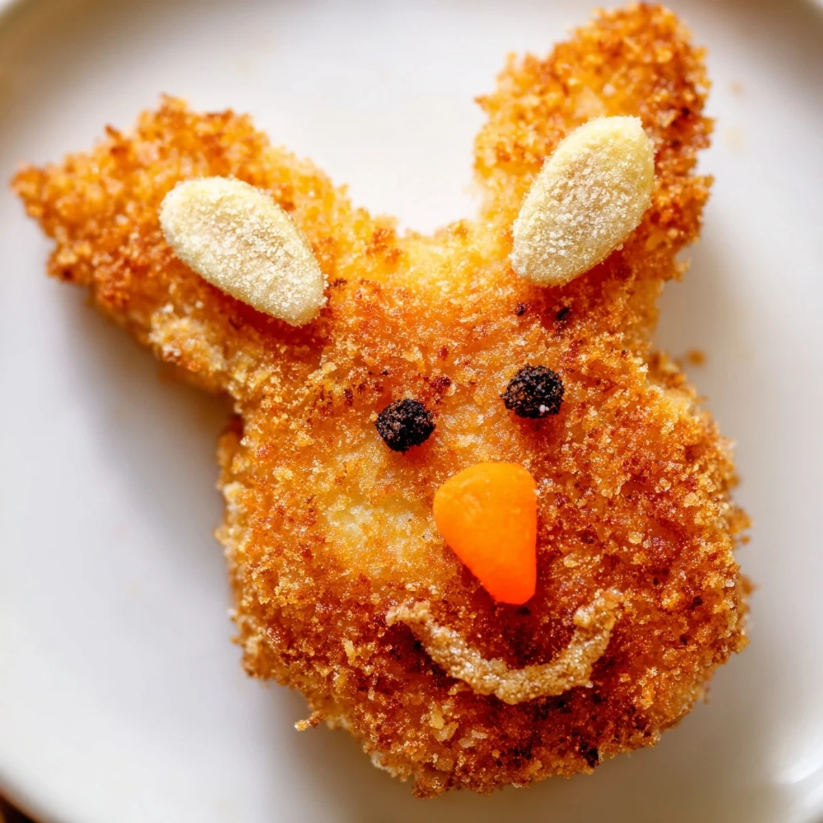 Crispy fried bunny-shaped mashed potato treats decorated with peppercorn eyes and panko coating for holiday appetizer