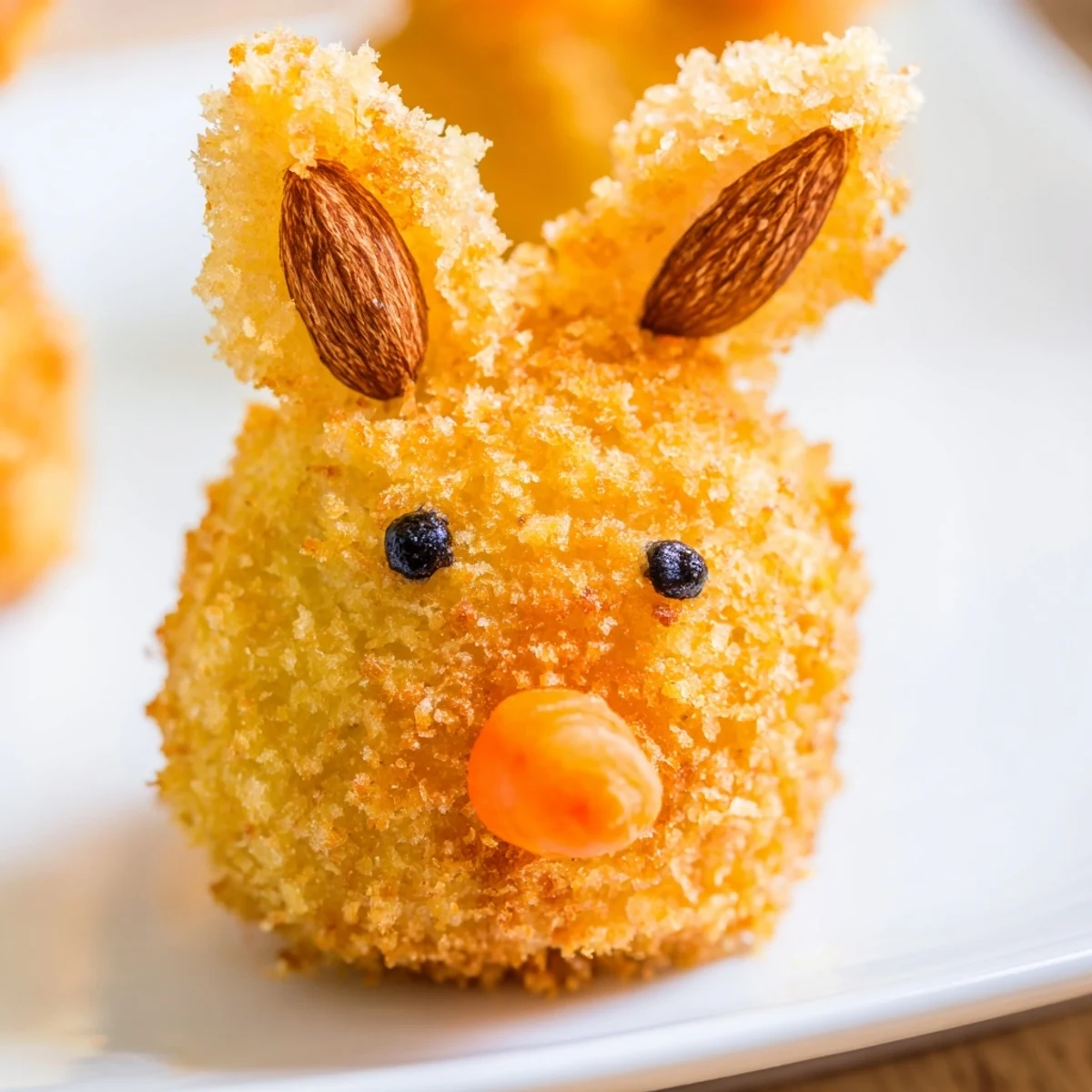 Adorable golden potato croquettes shaped like Easter bunnies with fluffy interiors and charming vegetable facial features
