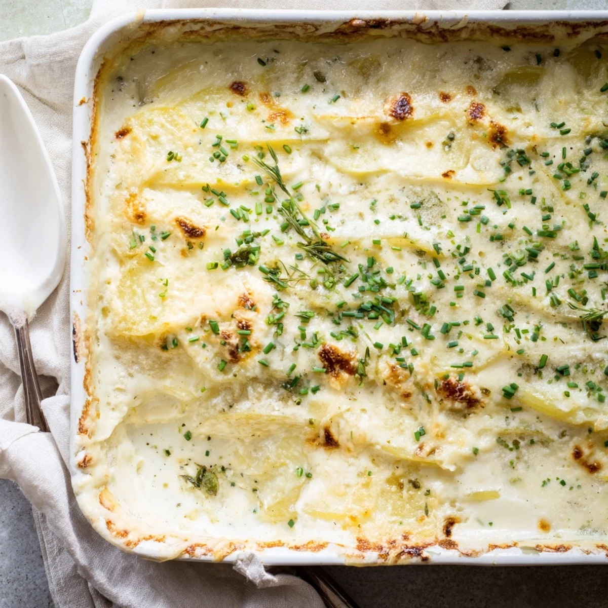 Golden baked potatoes au gratin with Gruyère cheese bubbling in a creamy white sauce